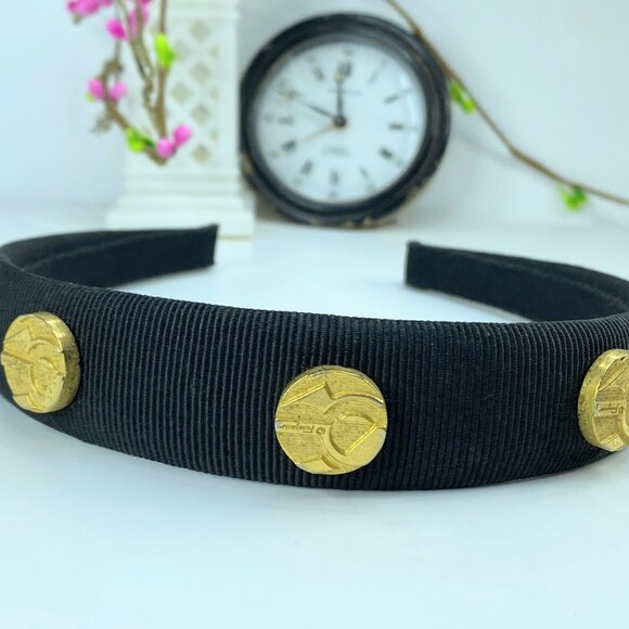 AUTH Salvatore Ferragamo Vara Bow canvas gold tone Headband GS574 main image 4